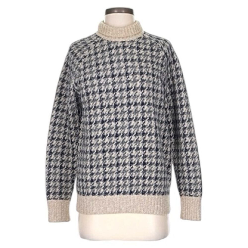 Theory Wool Houndstooth Luxury Beige Gray Mock Neck Crewneck Sweater Petite P